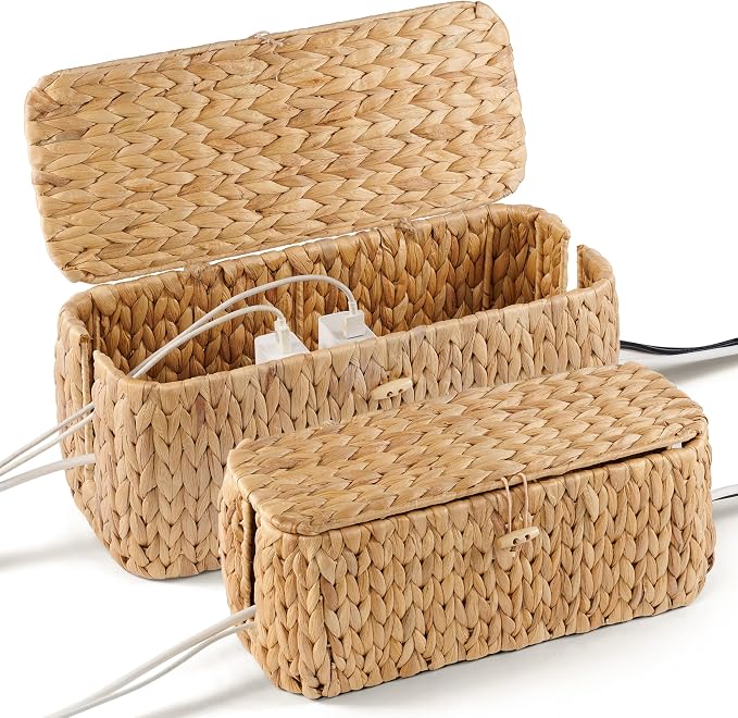 BLUEWEST Pack 2 Large Cable Management Box, Wicker Hyacinth Rattan Cable by BLUEWEST