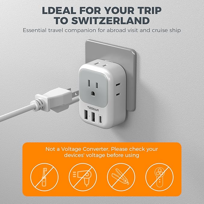 Switzerland Travel Plug Adapter 2 Pack, TESSAN Type J Adaptor - Image 6