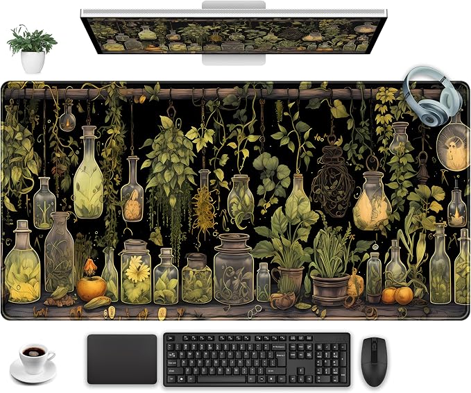 Desk Mat Green Plants Mouse Pad Gaming Mat Dark Keyboard Mat, Long Mouse Mat by Unknown