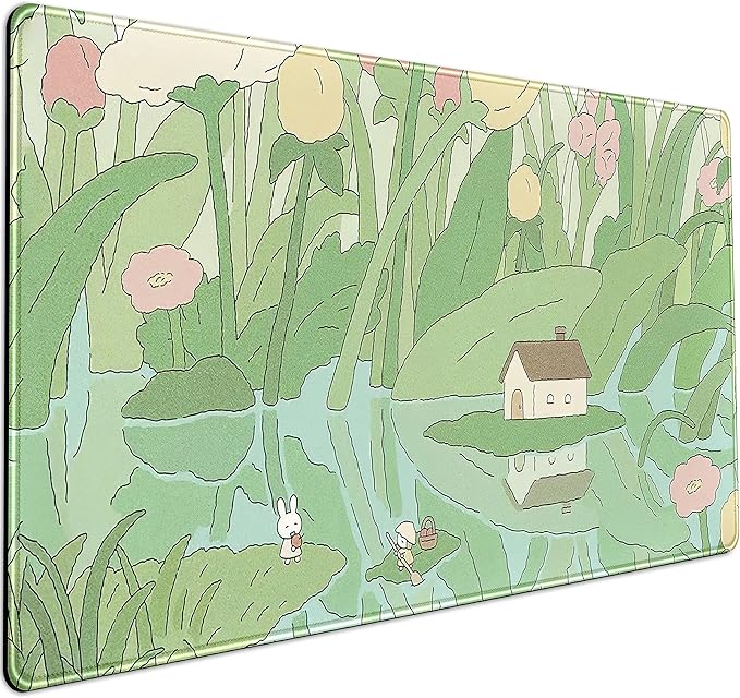 Kawaii Green Desk Mat Cute Mouse Pad Japanese, Flowers and Plants Keyboard Mat by LuckyCow