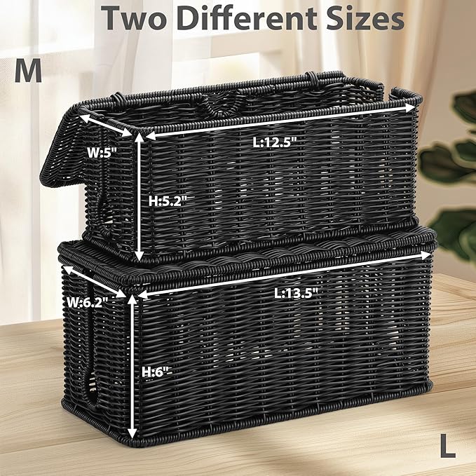 2Pack Large Cable Management Box Black, Handwoven Imitation Rattan Cord - Image 4