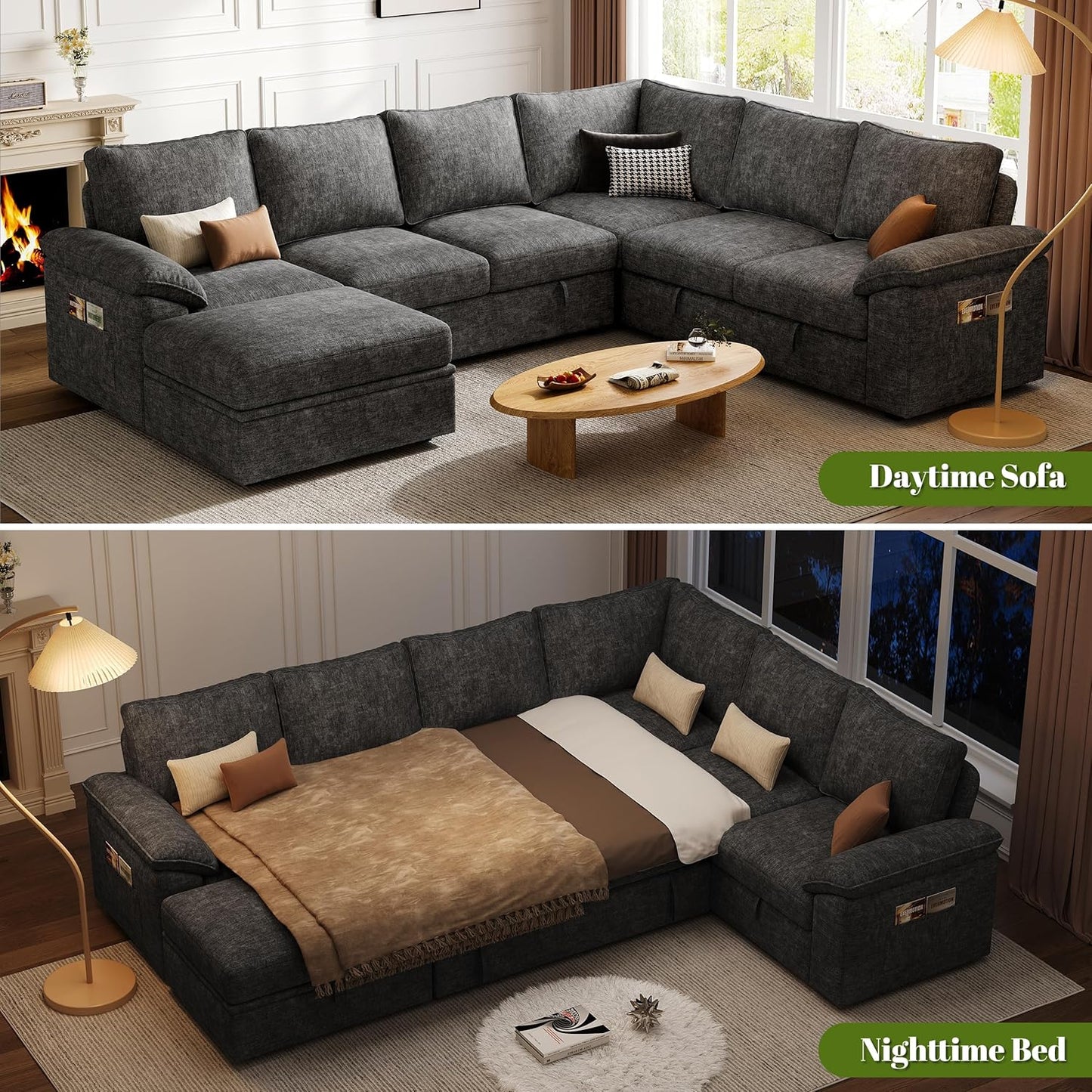 108 Inch Sectional Sleeper Sofa with Pull Out Bed,U Shaped 7 Seat Modular Sectional Sofa with Storage,Sectional Couches for Living Room,Cloud Modular Couch,Removable Sofa Cover,Dark Grey