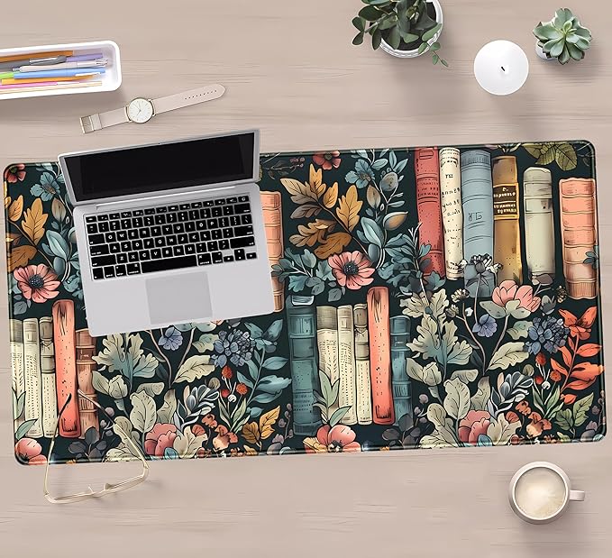 Floral Books Desk Mat Reading Desk Pad Mouse Mat XXL, Colorful Mouse Keyboard - Image 5