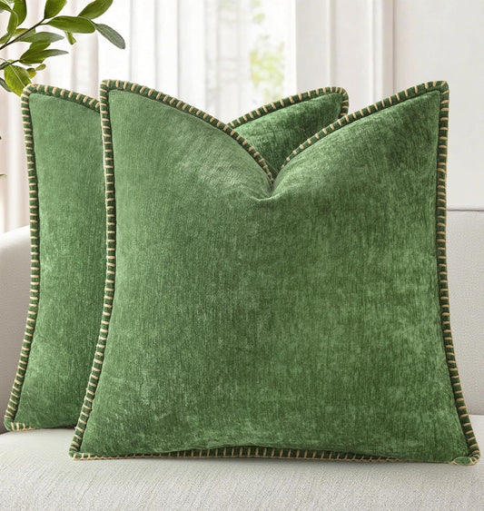 decorUhome Fall Chenille Soft Throw Pillow Covers 18x18 Set of 2, Farmhouse Velvet Neutral Decorative Euro Pillow Covers with Stitched Edge for Couch Sofa Bed Home Decor, Forest Elf