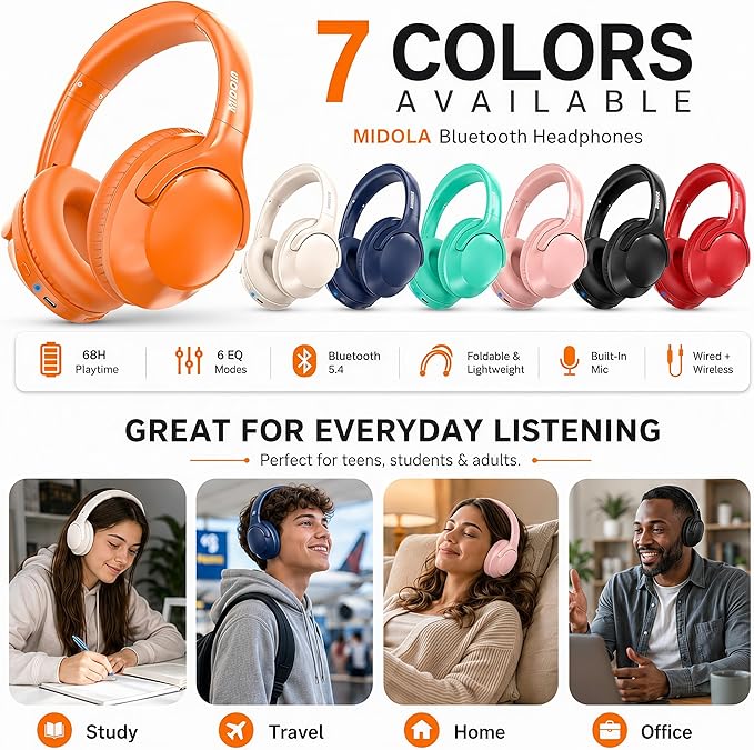 MIDOLA Bluetooth Headphones Over Ear 68H Playtime 6 EQ Wireless Headset - Image 6
