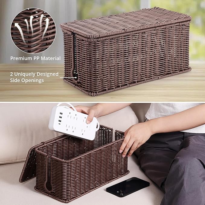 Large Cable Management Box, Handwoven Imitation Rattan Cord Organizer Cord - Image 3
