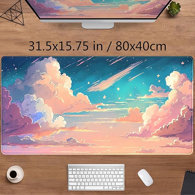 Cool Pink Desk Mat Pastel Clouds Large XXL Gaming Mouse Pad Non-Slip Rubber - Image 2