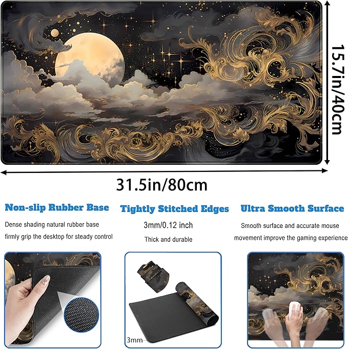 Golden Moon Desk Pad Black Desk Mat XXL Mouse Gaming Pads, Starry Sky Keyboard - Image 4