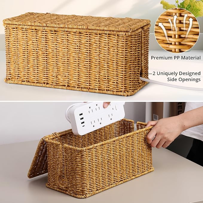 2Pack Large Cable Management Box, Handwoven Imitation Rattan Cord Organizer - Image 4