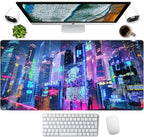 Japanese Street Desk Mat Futuristic Neon City Print Mouse Pad, Exclusive Desk by LuckyCow