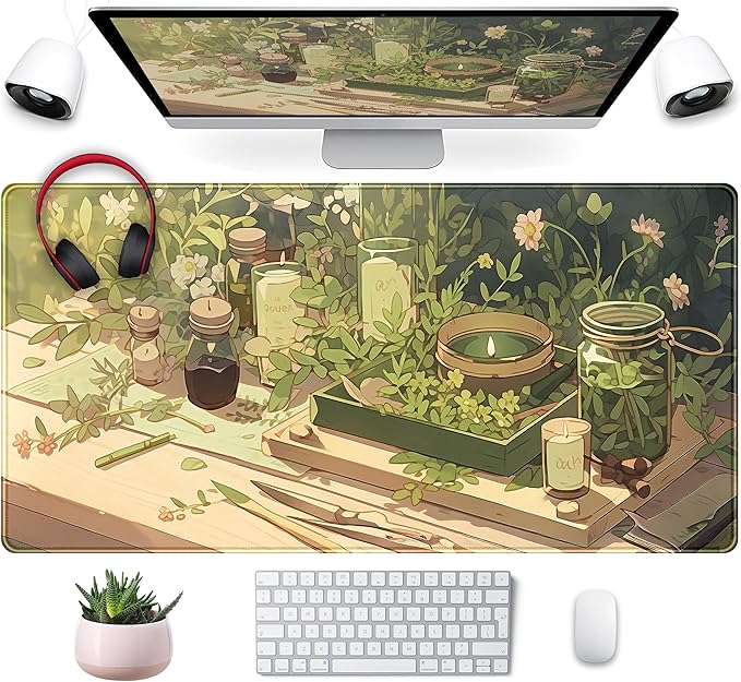 Cute Desk Mat Green Sage Mouse Pad Anime Forest XXL Large Extended Gaming by Mechanical+Cattle