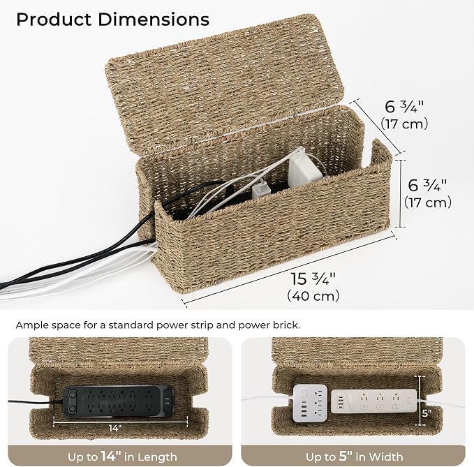 StorageWorks Large Cable Management Box, 2 Slots Wicker Cable Organizer to Hide - Image 2