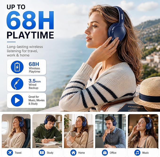 MIDOLA Bluetooth Headphones Over Ear 68H Playtime 6 EQ Wireless Headset - Image 2