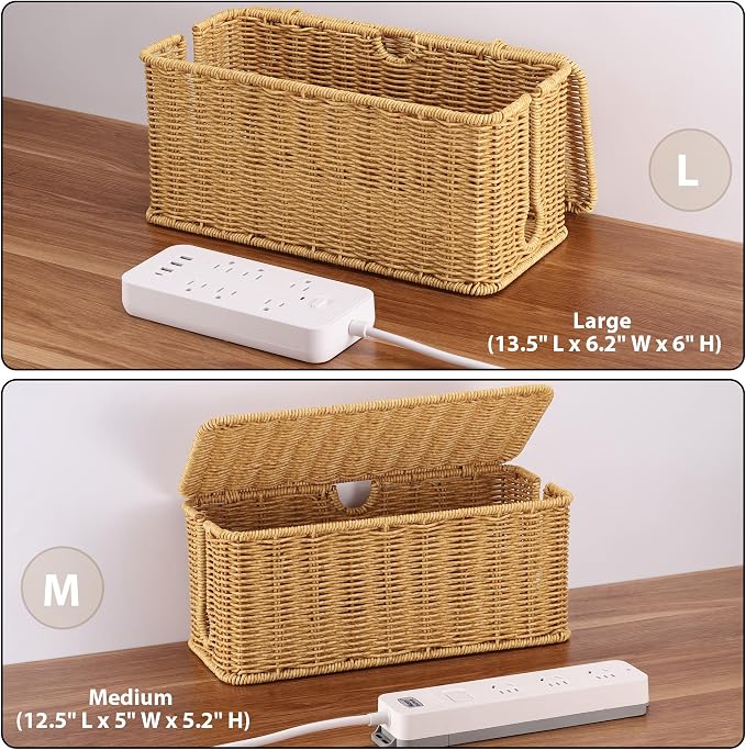 2Pack Large Cable Management Box, Handwoven Imitation Rattan Cord Organizer - Image 2