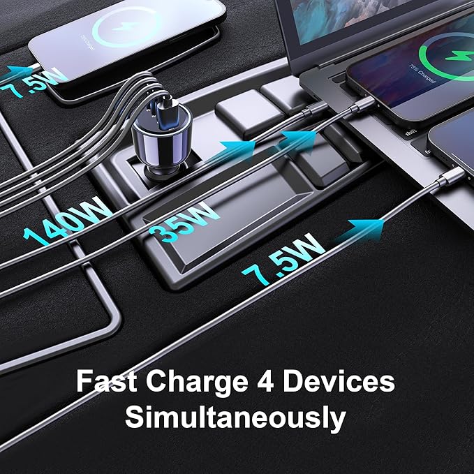 URVNS 240W USB C Car Charger, Super Fast Charging 4-Ports PD3.1 140W/PD3.0 100W - Image 4