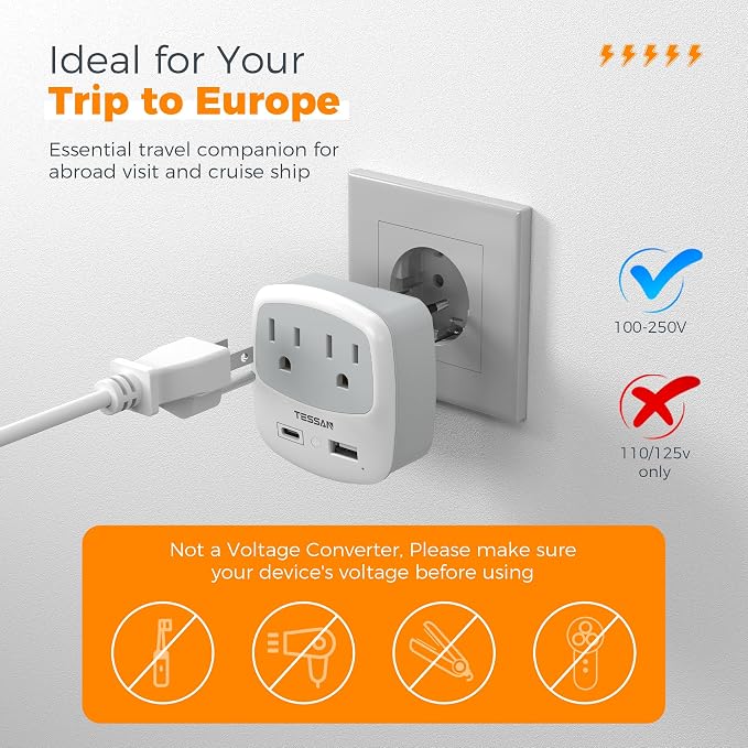 European Travel Plug Adapter, TESSAN Type C Adaptor - Image 5