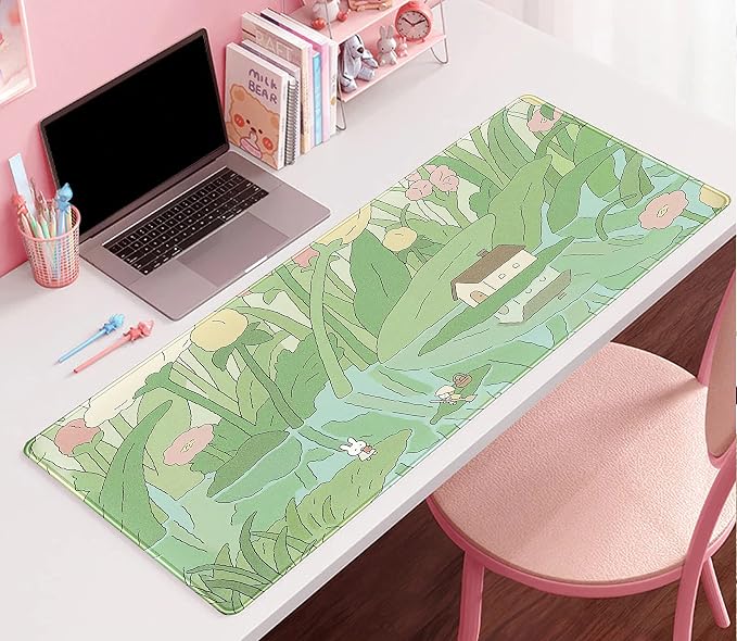 Kawaii Green Desk Mat Cute Mouse Pad Japanese, Flowers and Plants Keyboard Mat - Image 7