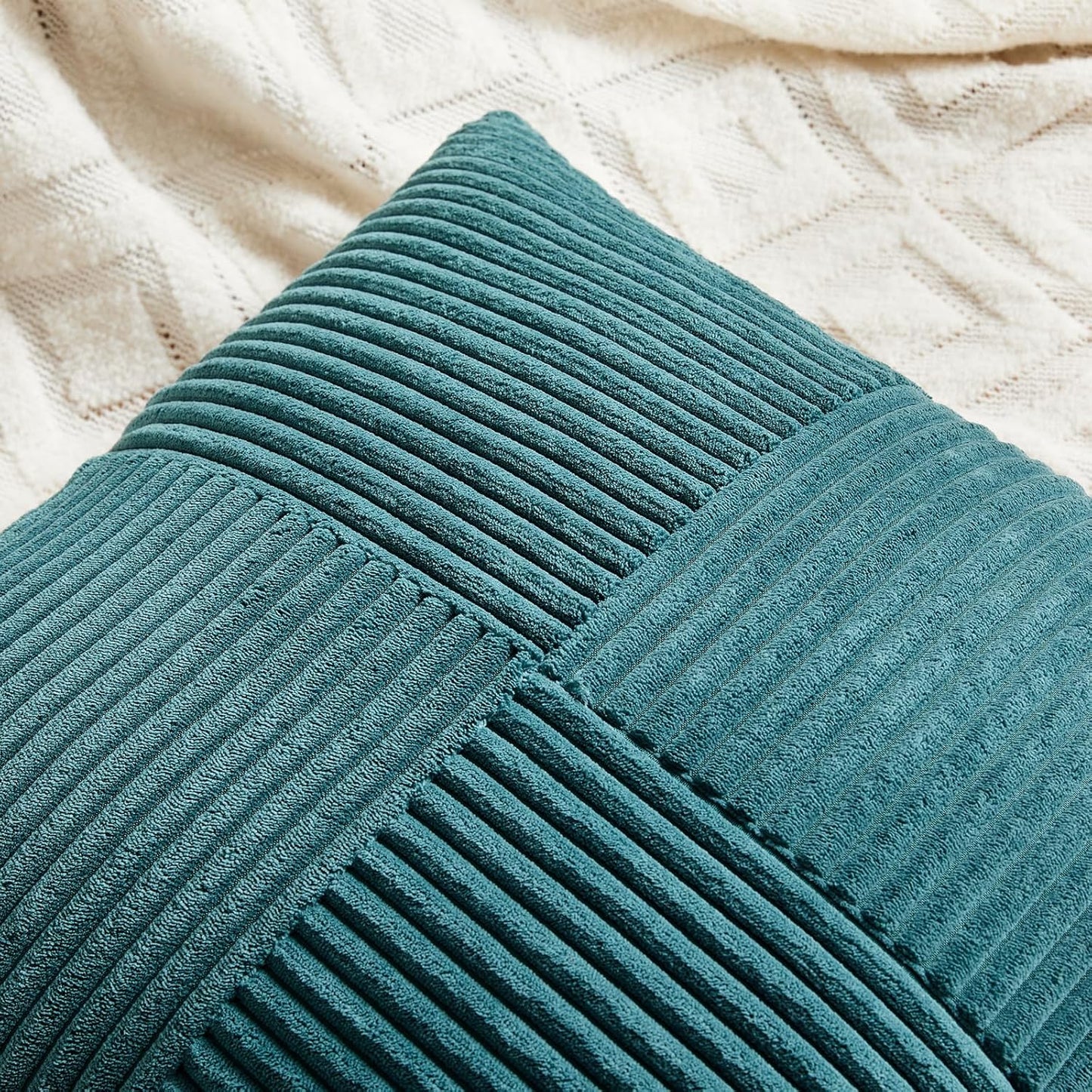 Fancy Homi 2 Packs Teal Decorative Throw Pillow Covers 16x16 Inch for Living Room Couch Bed Sofa, Rustic Farmhouse Boho Home Decor, Soft Corss Patchwork Corduroy Textured Square Cushion Case 40x40 cm