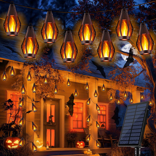 iBaycon Solar Halloween Lights, 27Ft 10 LED Bulbs Flickering Flame String Light, Outdoor Waterproof Solar Flame Lights for Garden Yard Patio Halloween Decorations (Warm White)