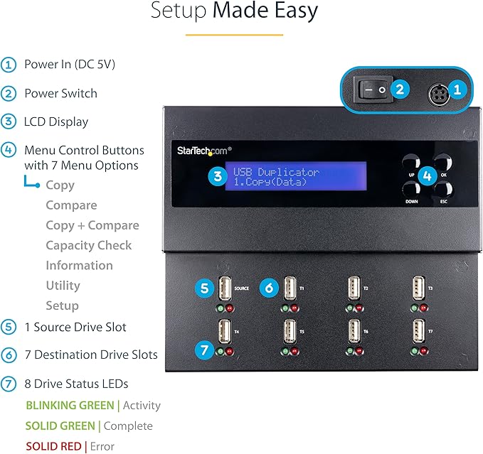 StarTech.com Standalone 1 to 7 USB Flash Drive Duplicator/Cloner / Eraser - Image 4