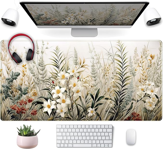 Beige Aesthetic Sage Desk Mat Cute Watercolor Flowers Mouse Pad Desk Pad by Mechanical+Cattle