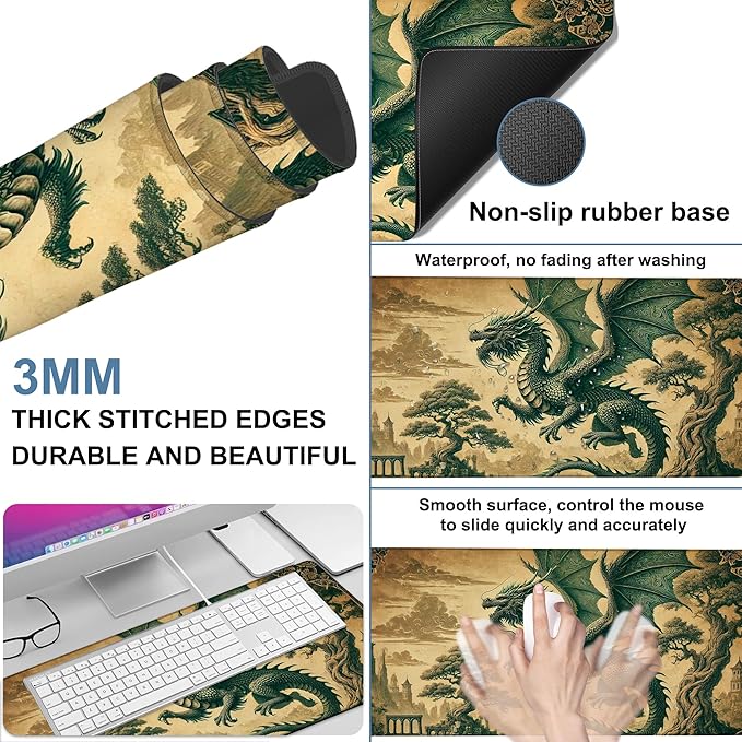 Vintage-Style Dragon Gaming Mouse Pad 3mm Thick Stitched Edge Waterproof - Image 2