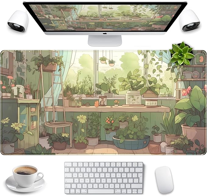 Cute Desk Mat Green Plants Gaming Mouse Pad XXL Large Extended Sage Laptop by LuckyCow