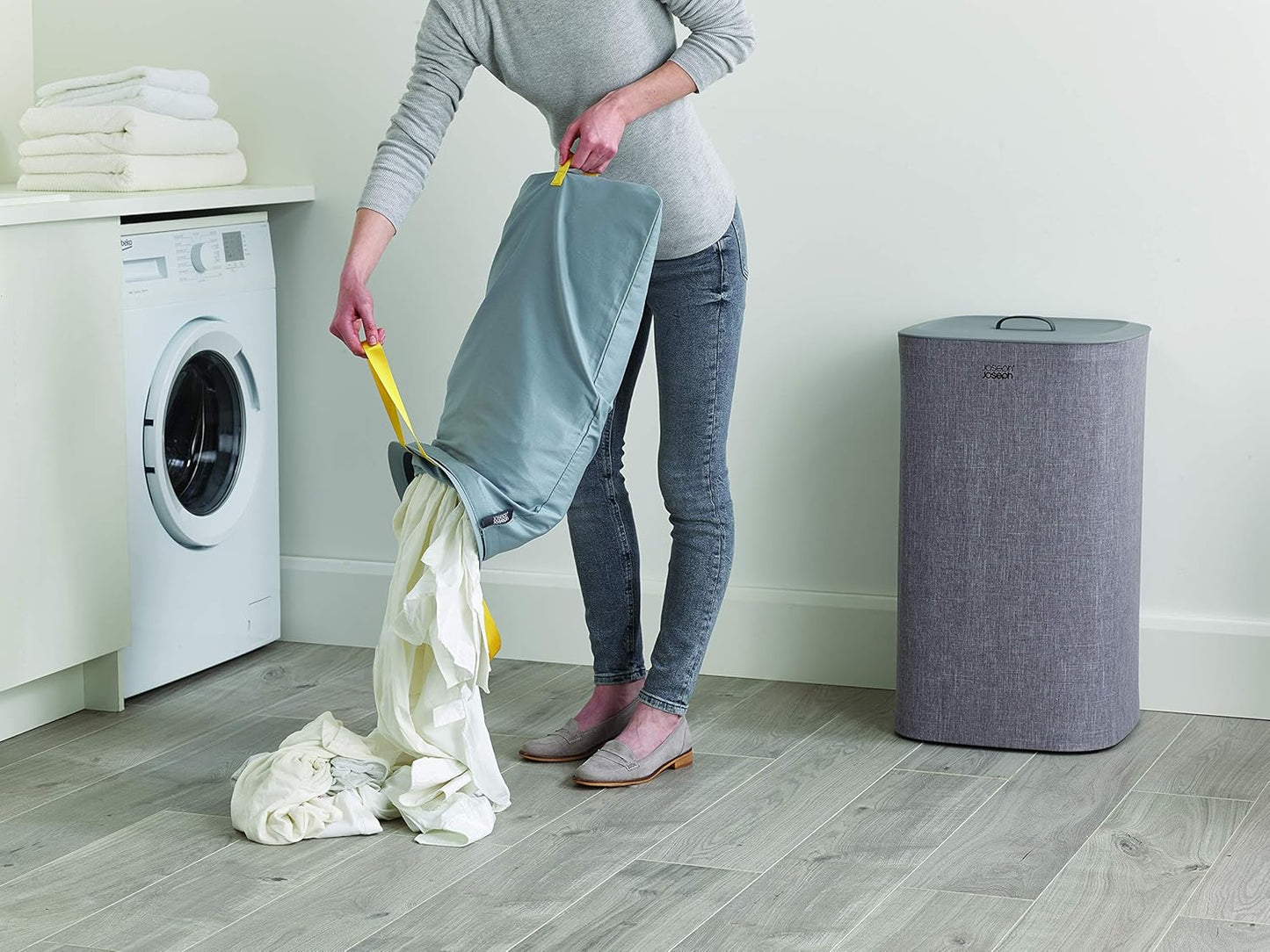 Joseph Joseph Tota 60 liter/15.8 gallon Laundry Hamper Separation Basket with lid, 2 Removable Washing Bags with Handles- Grey