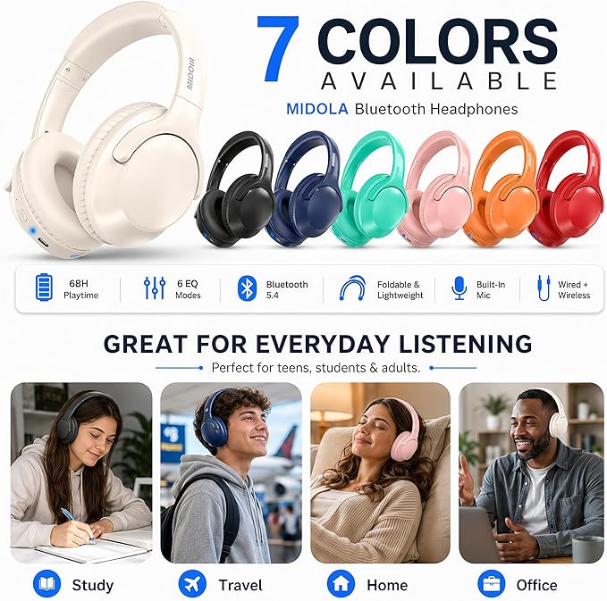 MIDOLA Bluetooth Headphones Over Ear 68H Playtime 6 EQ Wireless Headset - Image 6