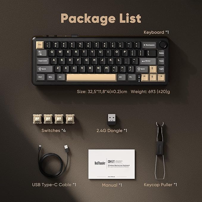 RedThunder K65 Wireless Mechanical Keyboard, CNC Knob, Tri-Mode - Image 9