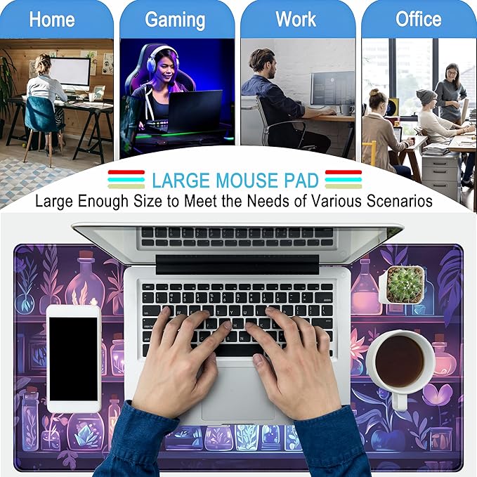 Cute Cozy Purple Gaming Desk Mat, Mystical Potion Bottles Mouse Pad XXL Large - Image 5