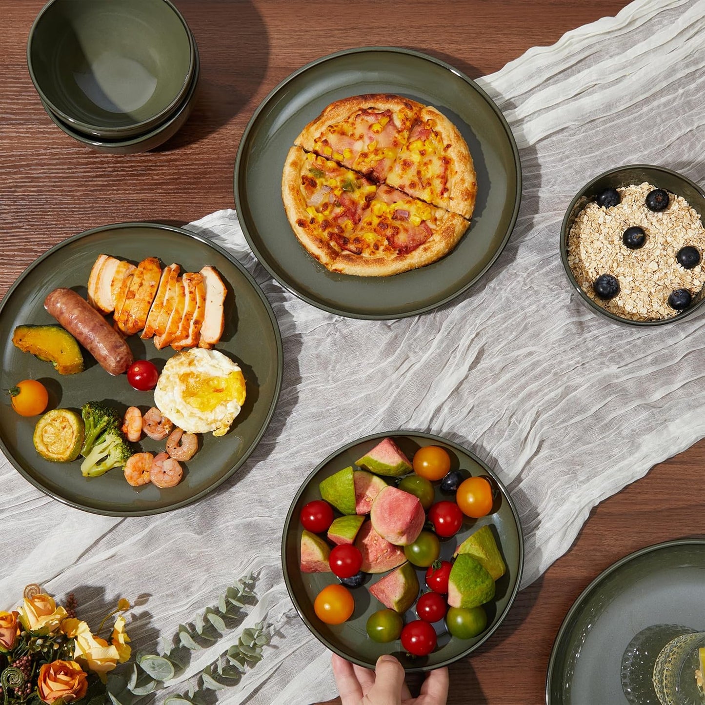 18 Piece Dinnerware Set for 6, Reactive Glaze Terracotta Plates and Bowls Set, Large Family-Sized Stoneware Dish Set for Gatherings, Chip and Scratch Resistant, Blackish Green