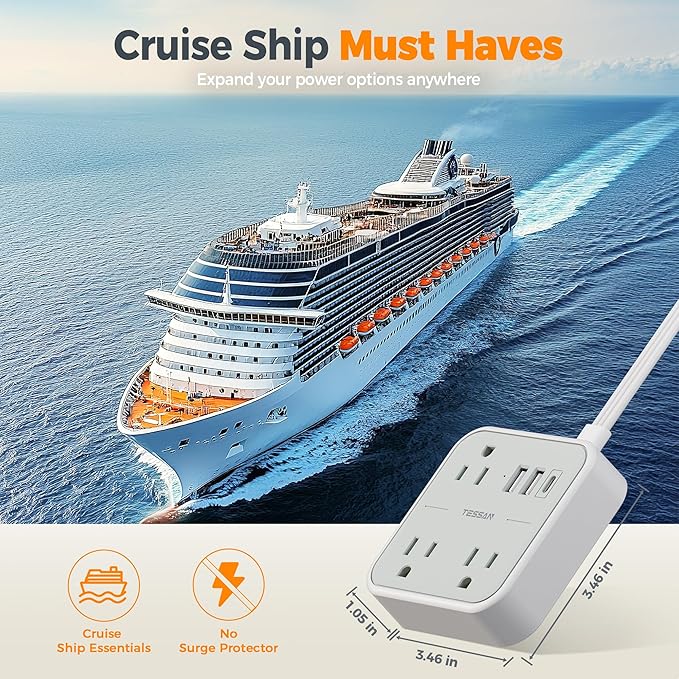 Cruise Essentials, TESSAN Flat Plug Travel Power Strip, Non Surge Protector - Image 2