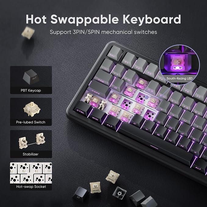 RedThunder K75 Wireless Mechanical Gaming Keyboard, 75% Hot Swappable Creamy - Image 6