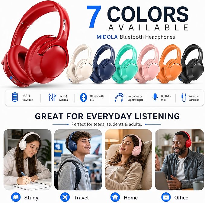 MIDOLA Bluetooth Headphones Over Ear 68H Playtime 6 EQ Wireless Headset - Image 6