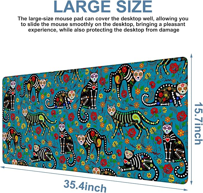 Sugar Skull Black Cats Gaming Mouse Pad 3mm Thick Stitched Edge Waterproof - Image 3