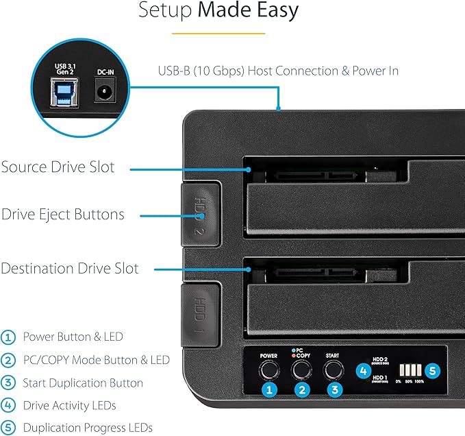 StarTech.com Standalone Hard Drive Duplicator, External Dual Bay HDD/SSD - Image 4