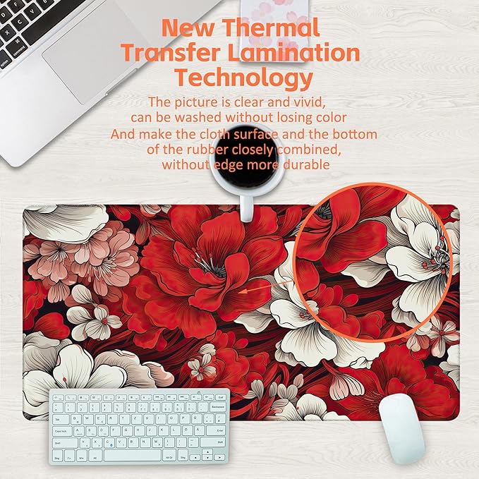 Desk Pad, Retro Red Floral Large Gaming Mouse Pad, 31.5"x15.7" Extended Big - Image 4