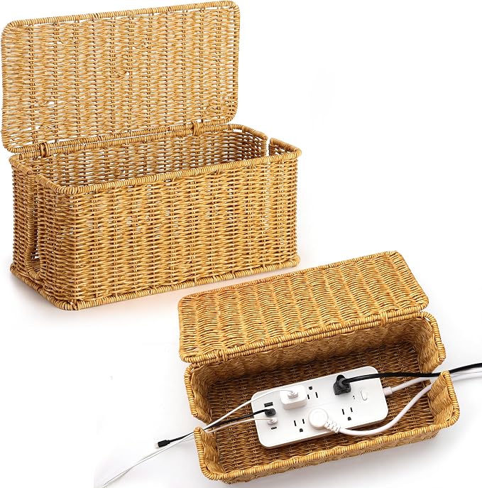 2Pack Large Cable Management Box, Handwoven Imitation Rattan Cord Organizer - Image 8