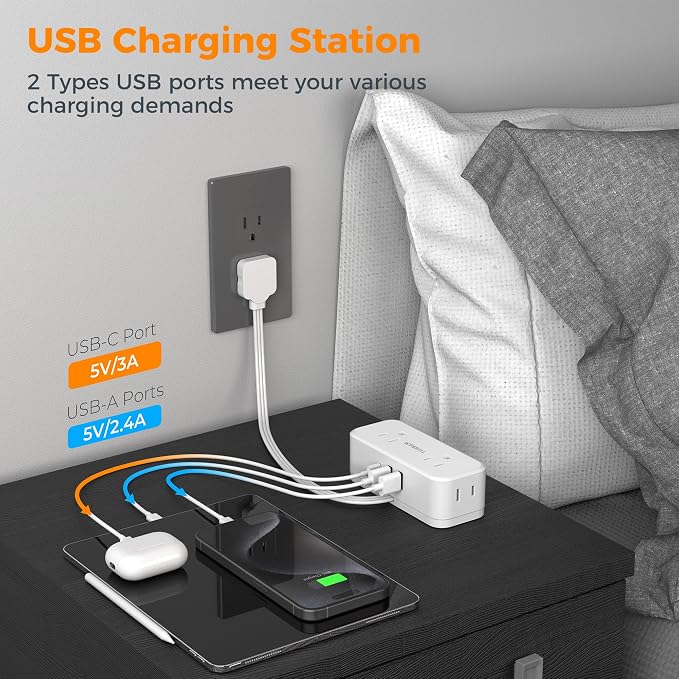 Small Extension Cord 6 inch, TESSAN Thin Flat Plug Power Strip - Image 4