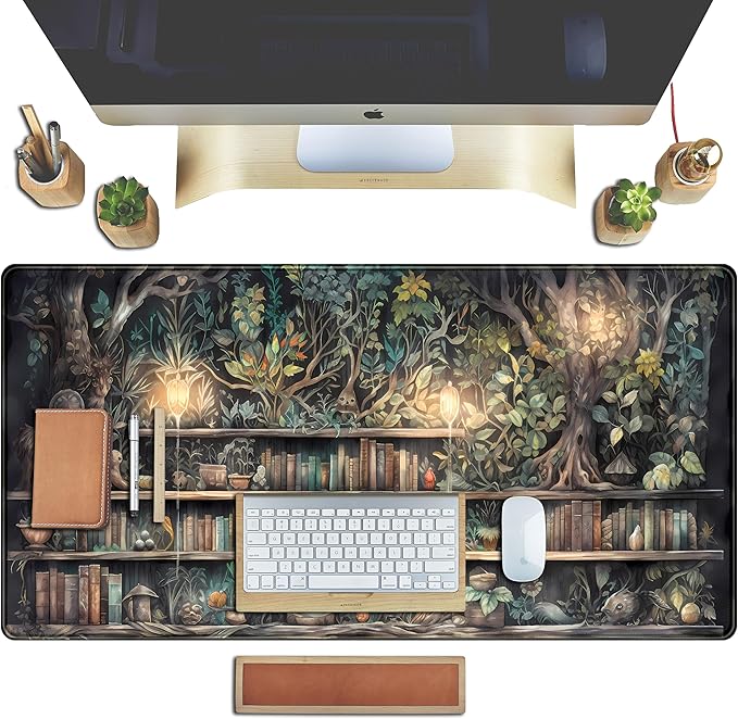 Forest Library Book Mouse Pad Desk Mat, Mystical Green Tree House XXL Extended - Image 4