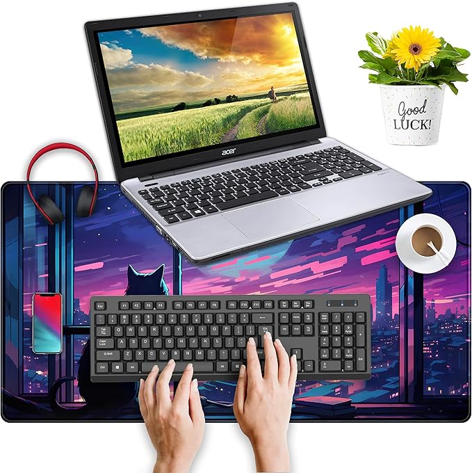 Cool Purple Kawaii Anime Moom Cat Desk Mat XXL Large Gaming Mouse Pad, Cute - Image 4