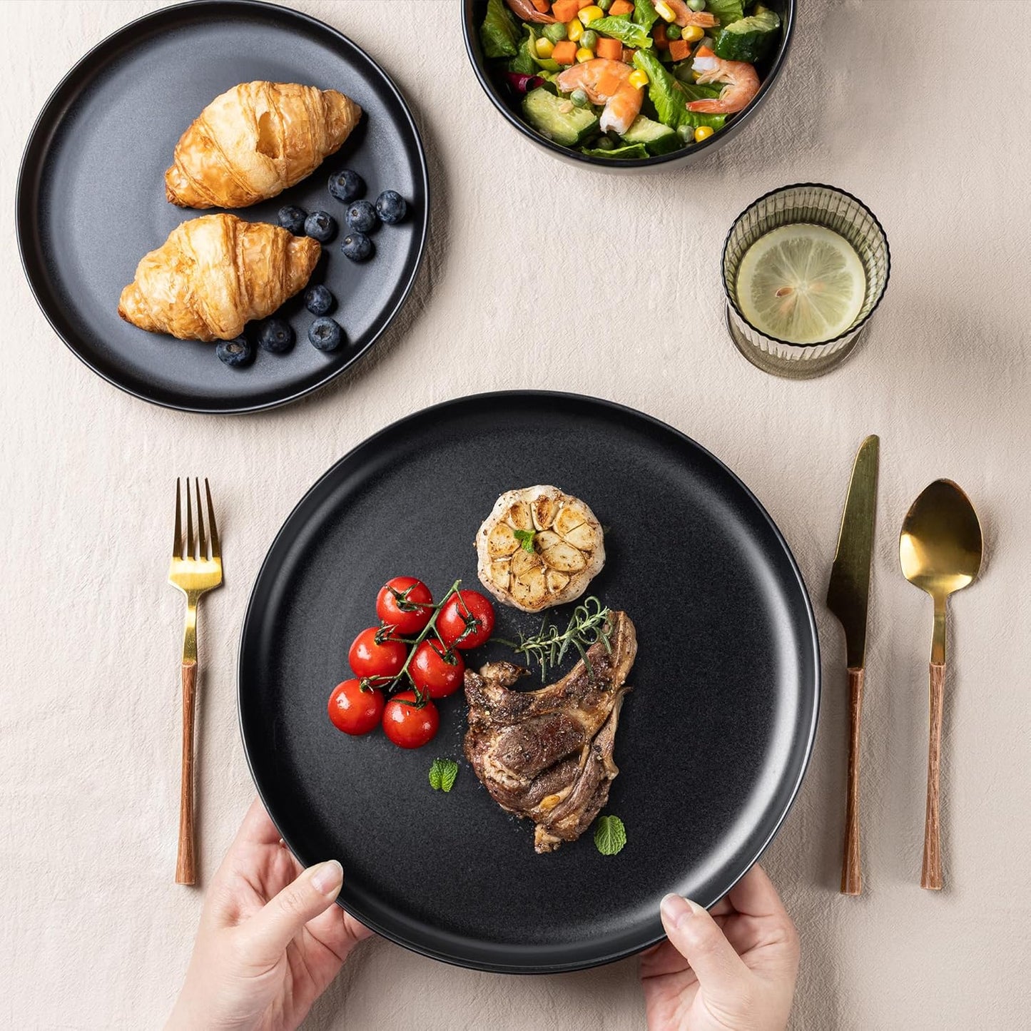 AmorArc Ceramic Dinnerware Sets, Wavy Rim Stoneware Plates and Bowls Sets, Highly Chip and Crack Resistant | Dishwasher & Microwave & Oven Safe Dishes set, Service for 6 (18pc)