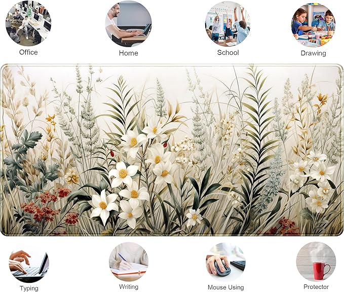 Beige Aesthetic Sage Desk Mat Cute Watercolor Flowers Mouse Pad Desk Pad - Image 6