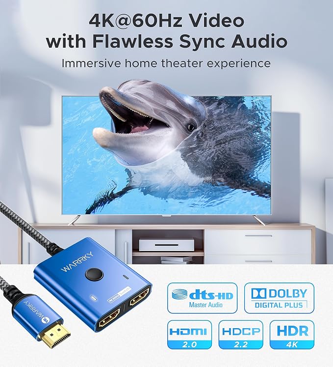 4K@60Hz HDMI Splitter Switch 2 in 1 Out, WARRKY Bidirectional 2x1 Switcher UHD - Image 4