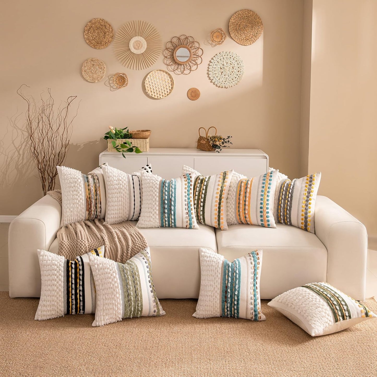Boho Chenille Tufted Couch Throw Pillow Covers 18x18 Inch Set of 2 Farmhouse Striped Decorative Pillow Covers Accent Neutral Pillowcase Black Cushion Cover for Living Room Sofa Bed