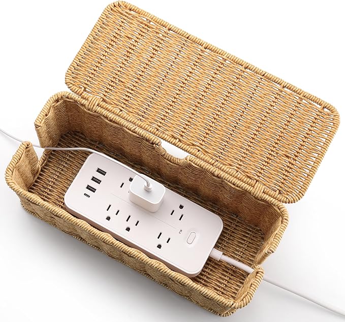Handmade Cable Management Box Brown, Imitation Rattan Cord Organizer Cord Hider - Image 6