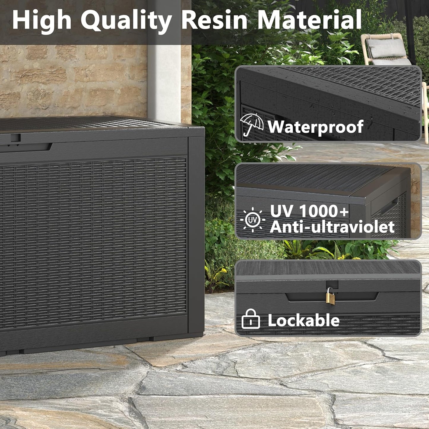 100 Gallon Deck Box Lockable Rattan Outdoor Storage Box waterproof Outdoor Container for Patio Furniture Cushions, Pillow
