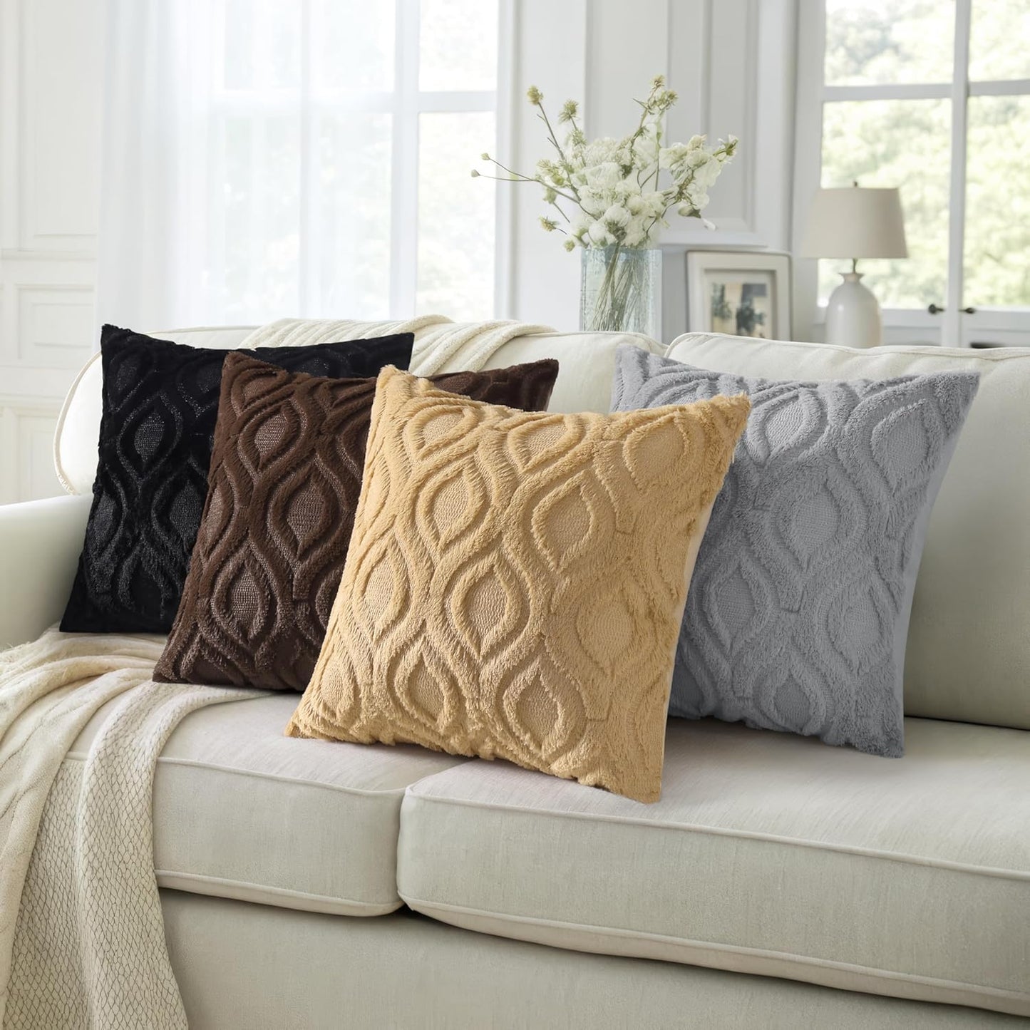 decorUhome Throw Pillow Covers 18x18 Inch Set of 2, Soft Plush Decorative Faux Fur Dark Brown Solid Couch Pillow Covers, Accent Farmhouse Neutral Square Euro Pillow Cases for Sofa Bed Living Room