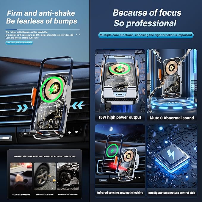 Wireless Charger Holder, Auto Clamp Vent Phone Mount - 15W Fast Charging Dual - Image 7